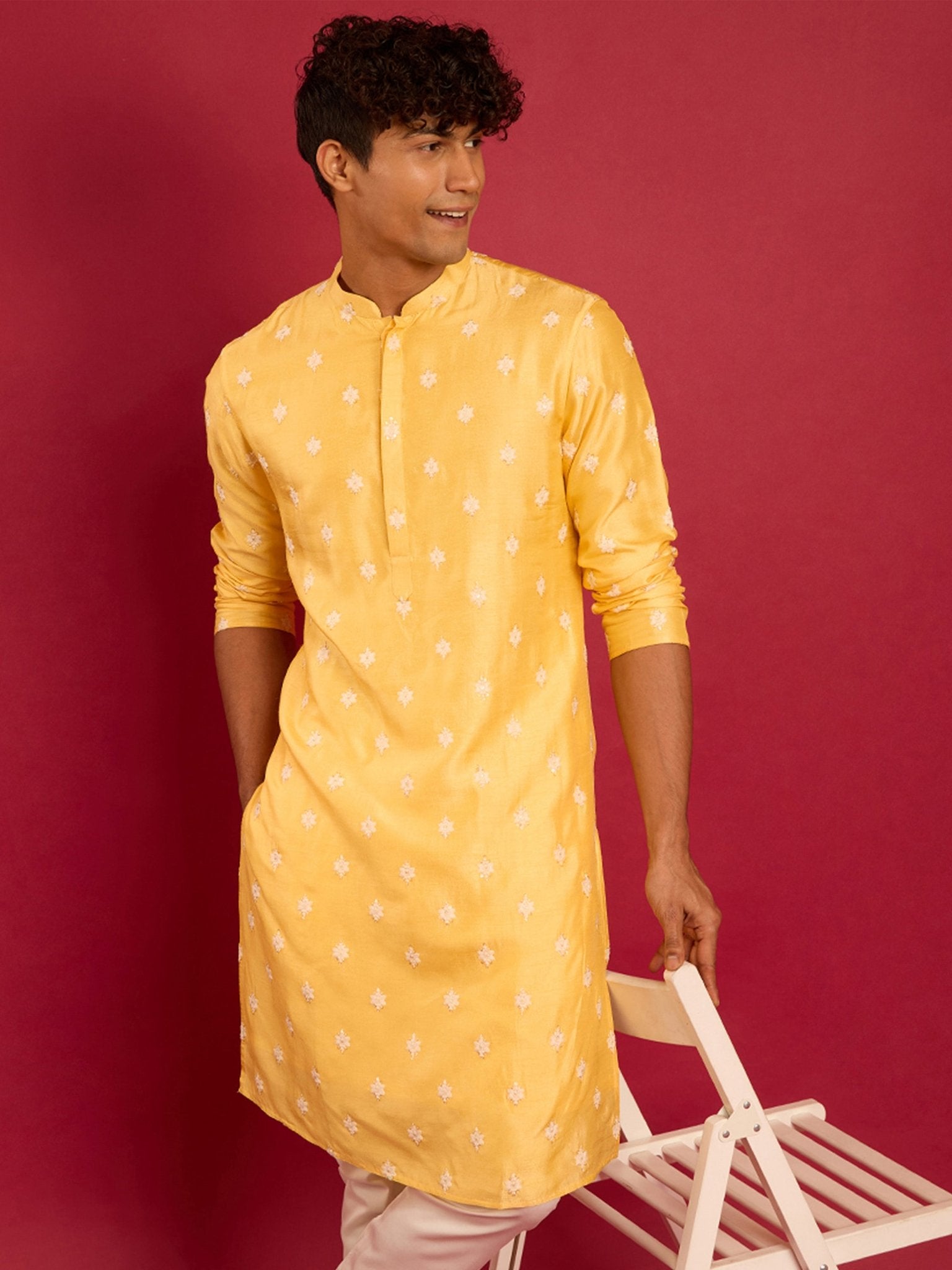 Men's Yellow Silk Blend Kurta