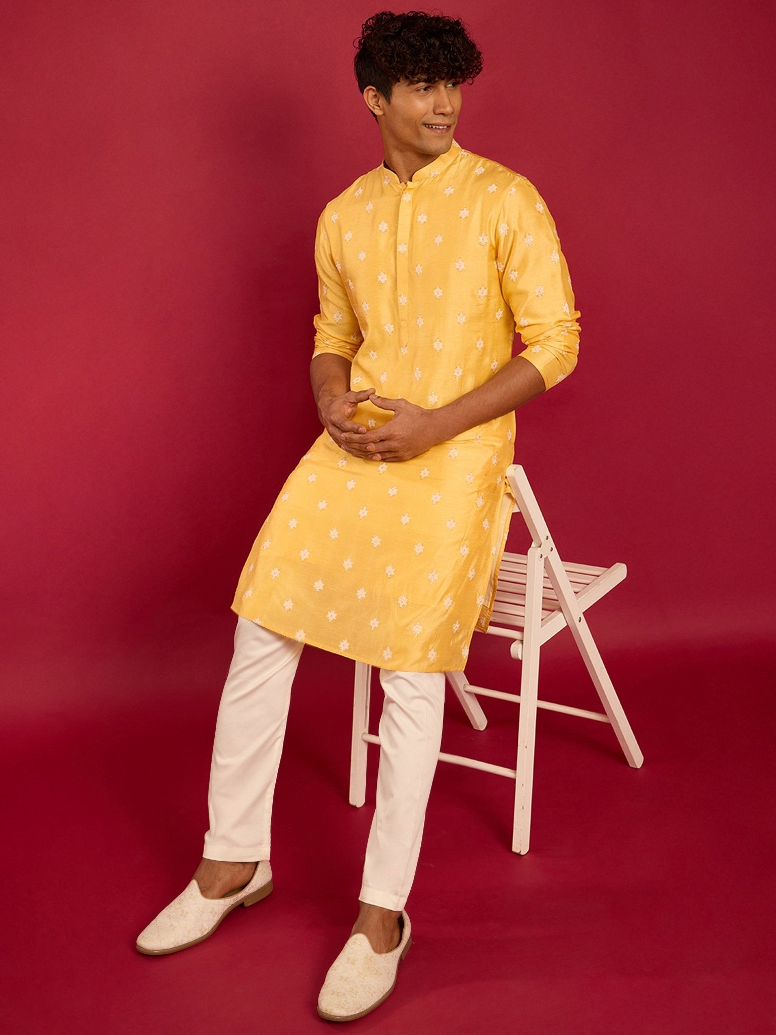 Men's Yellow Silk Blend Kurta