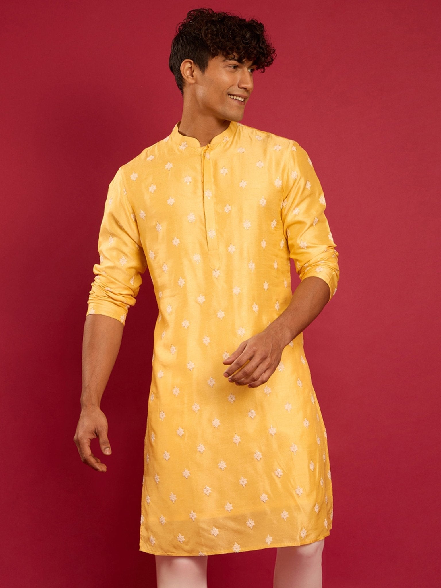 Men's Yellow Silk Blend Kurta