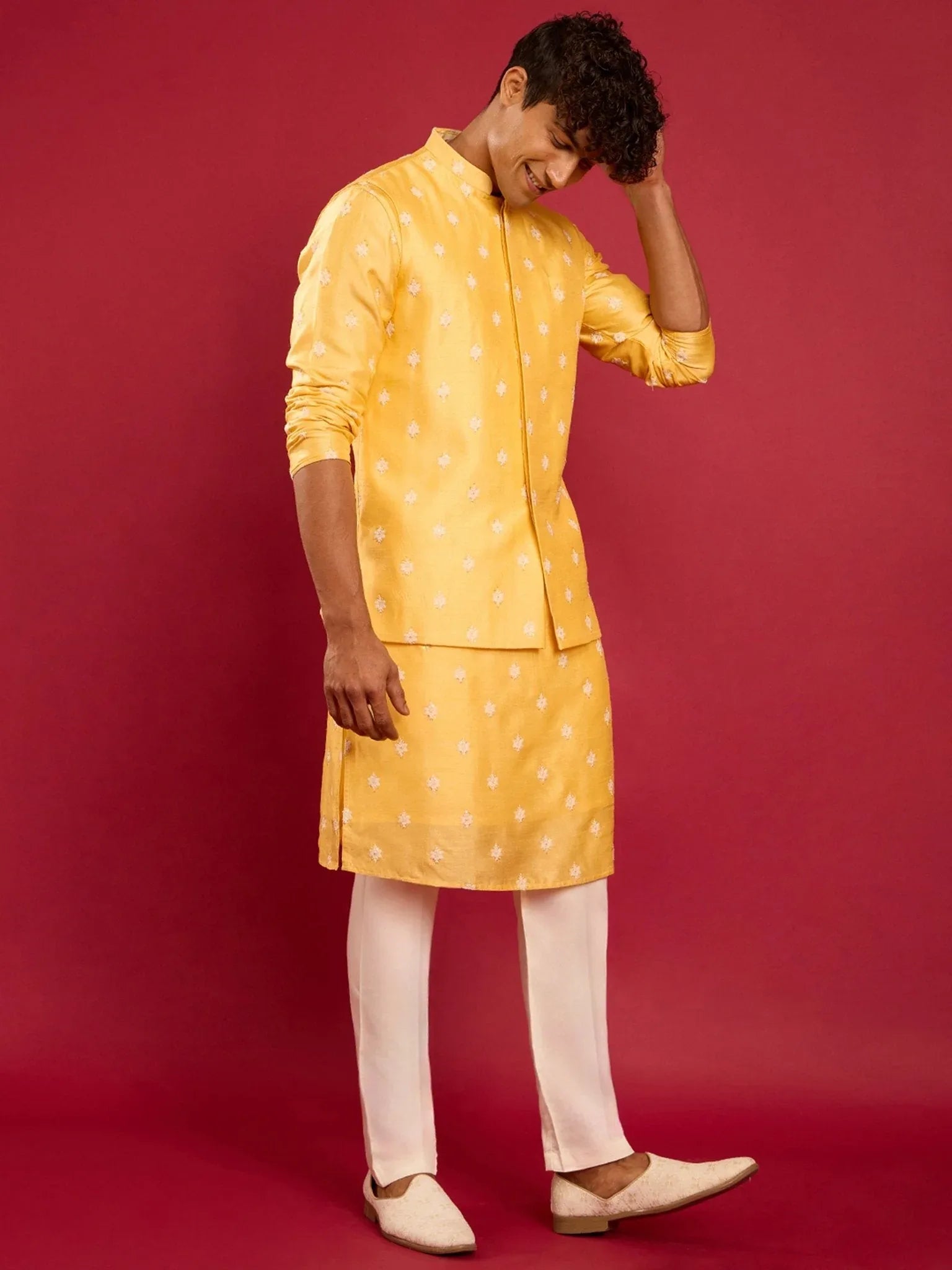 Men's Yellow Silk Blend Nehru Jacket