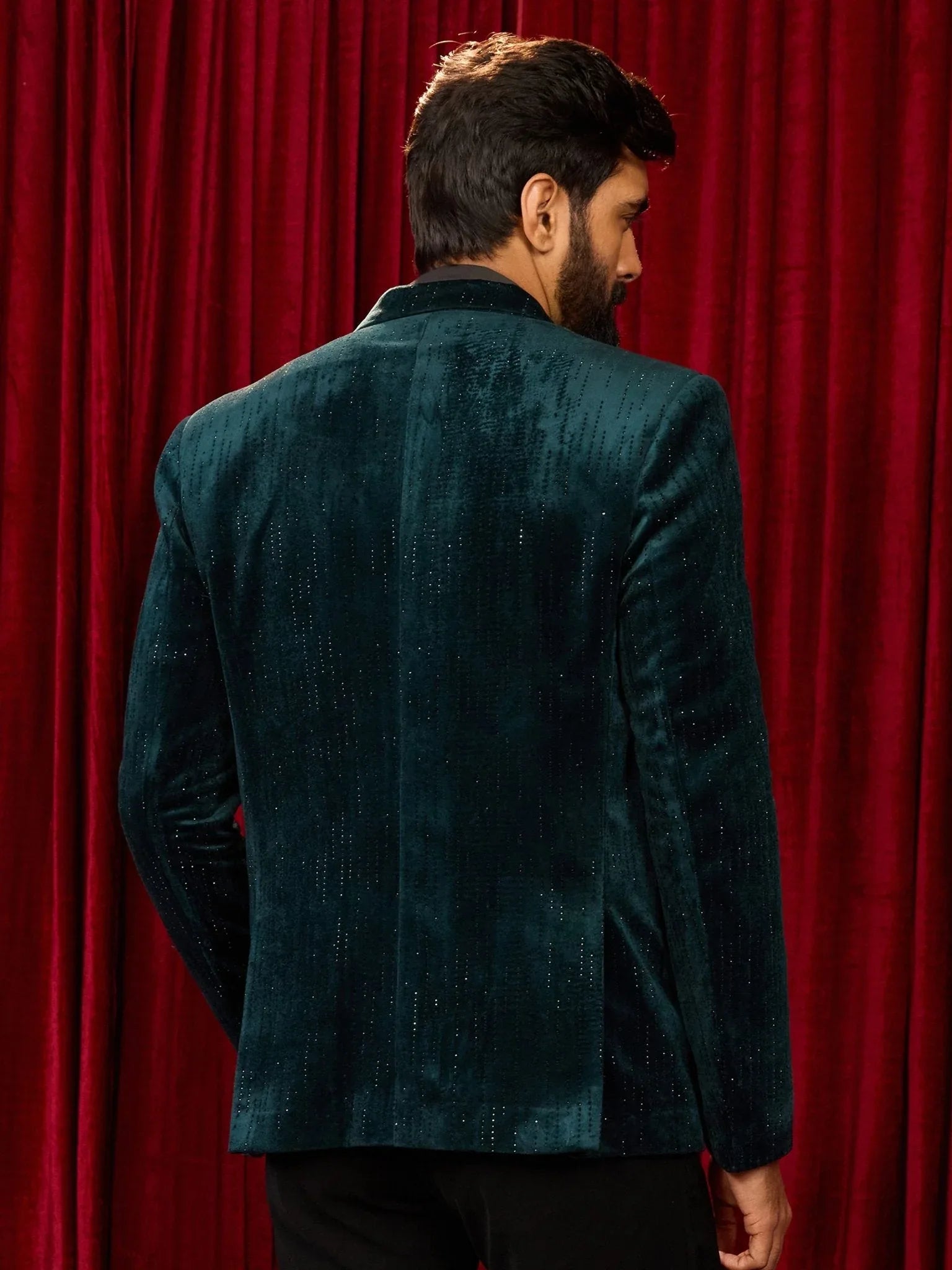 Men's's Bottle Green Milan Velvet Stone Work Blazer