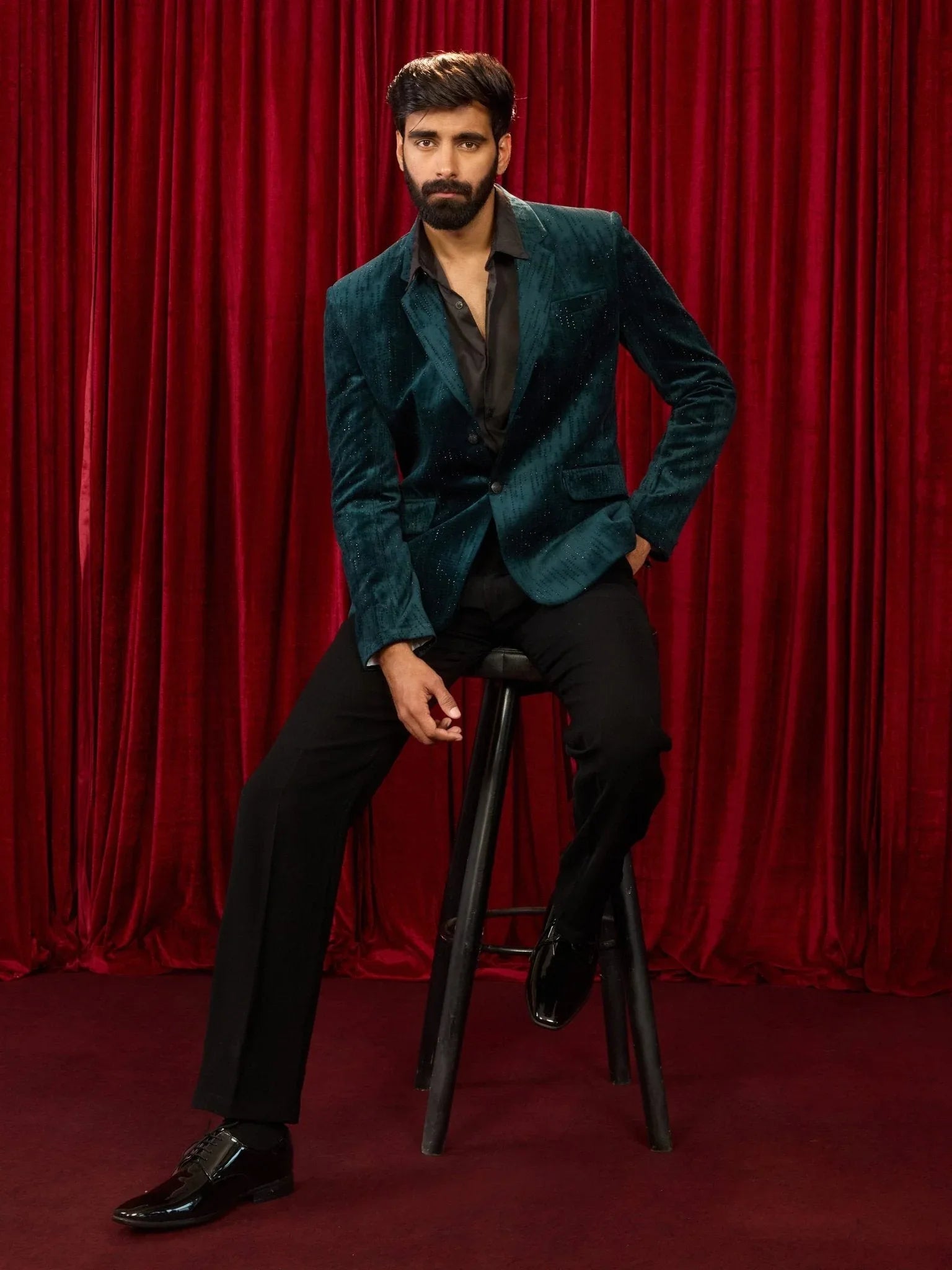 Men's's Bottle Green Milan Velvet Stone Work Blazer