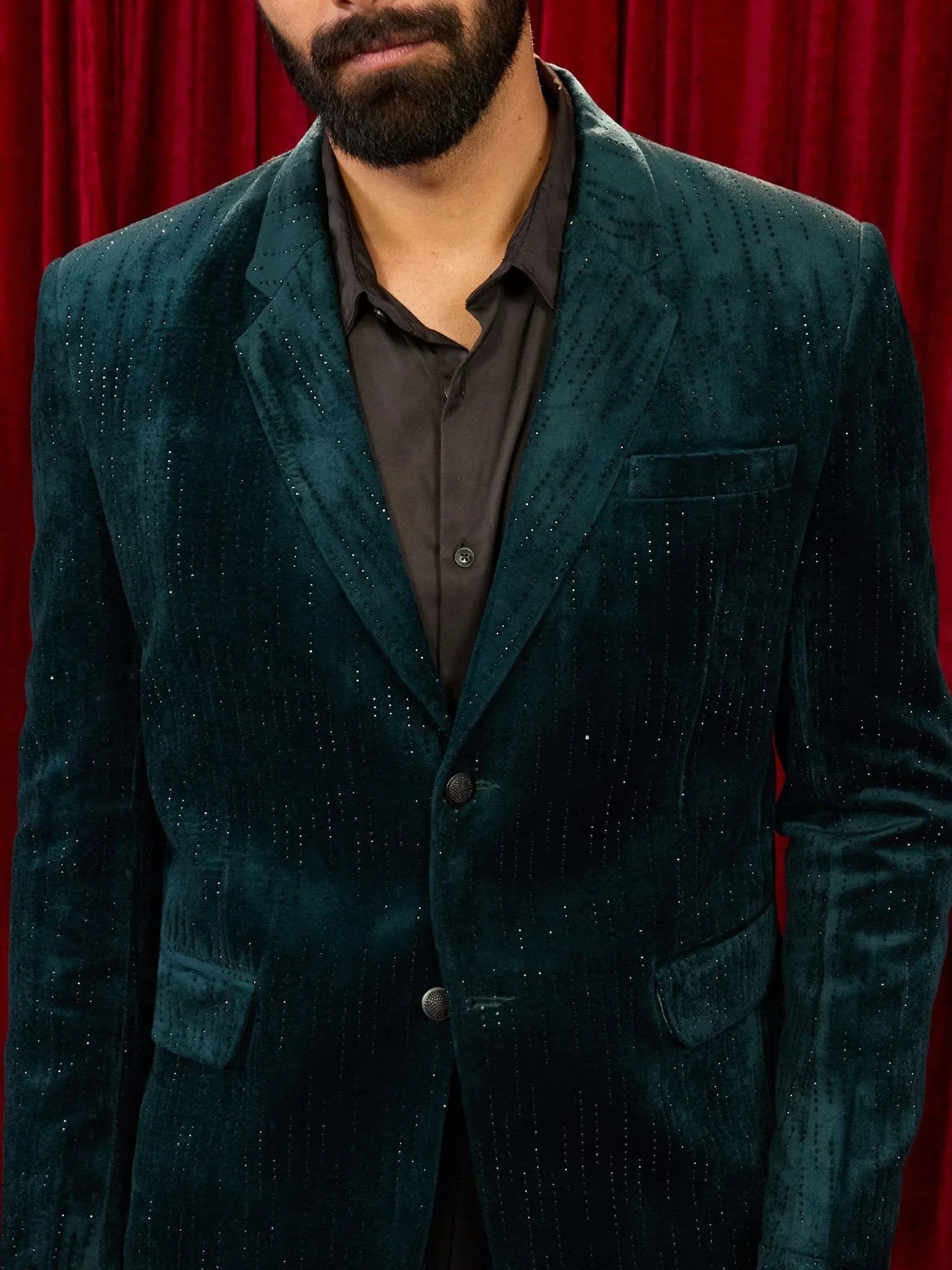 Men's's Bottle Green Milan Velvet Stone Work Blazer