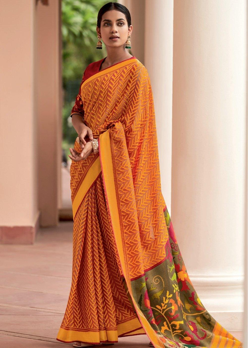 Merigold Orange Soft Silk Saree with Embroidered Blouse | Stitched Blouse - qivii