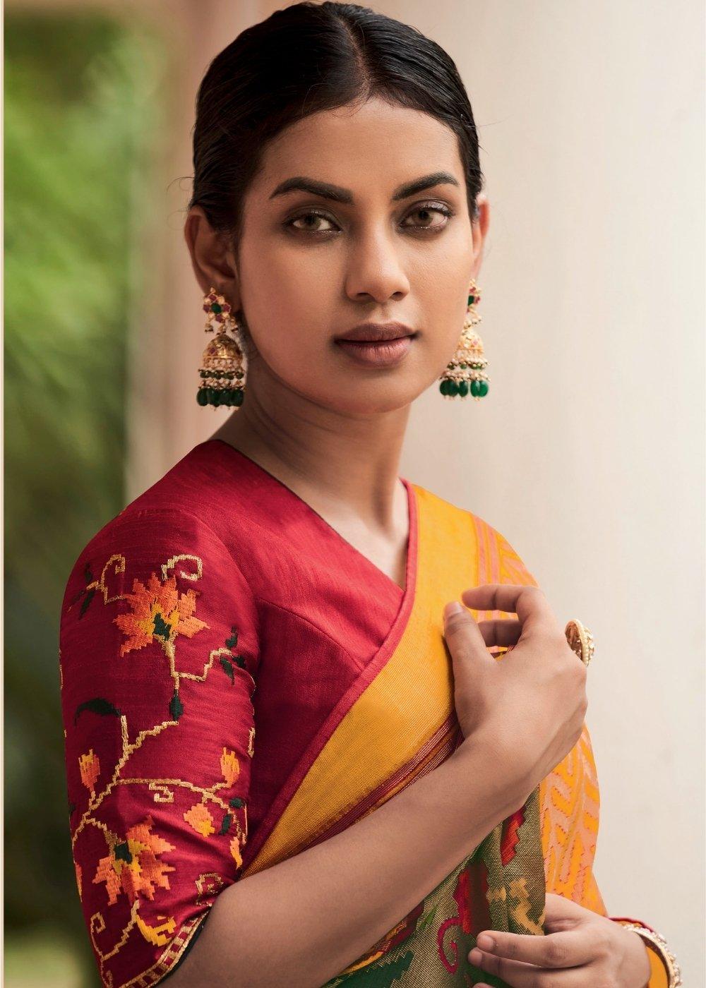 Merigold Orange Soft Silk Saree with Embroidered Blouse | Stitched Blouse - qivii