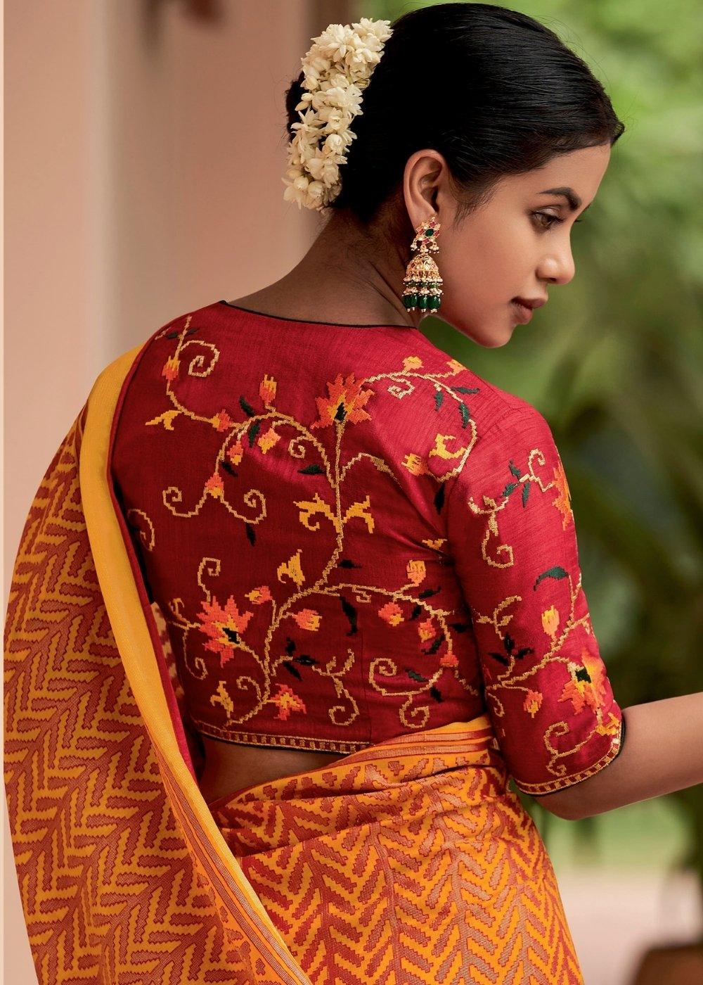 Merigold Orange Soft Silk Saree with Embroidered Blouse | Stitched Blouse - qivii