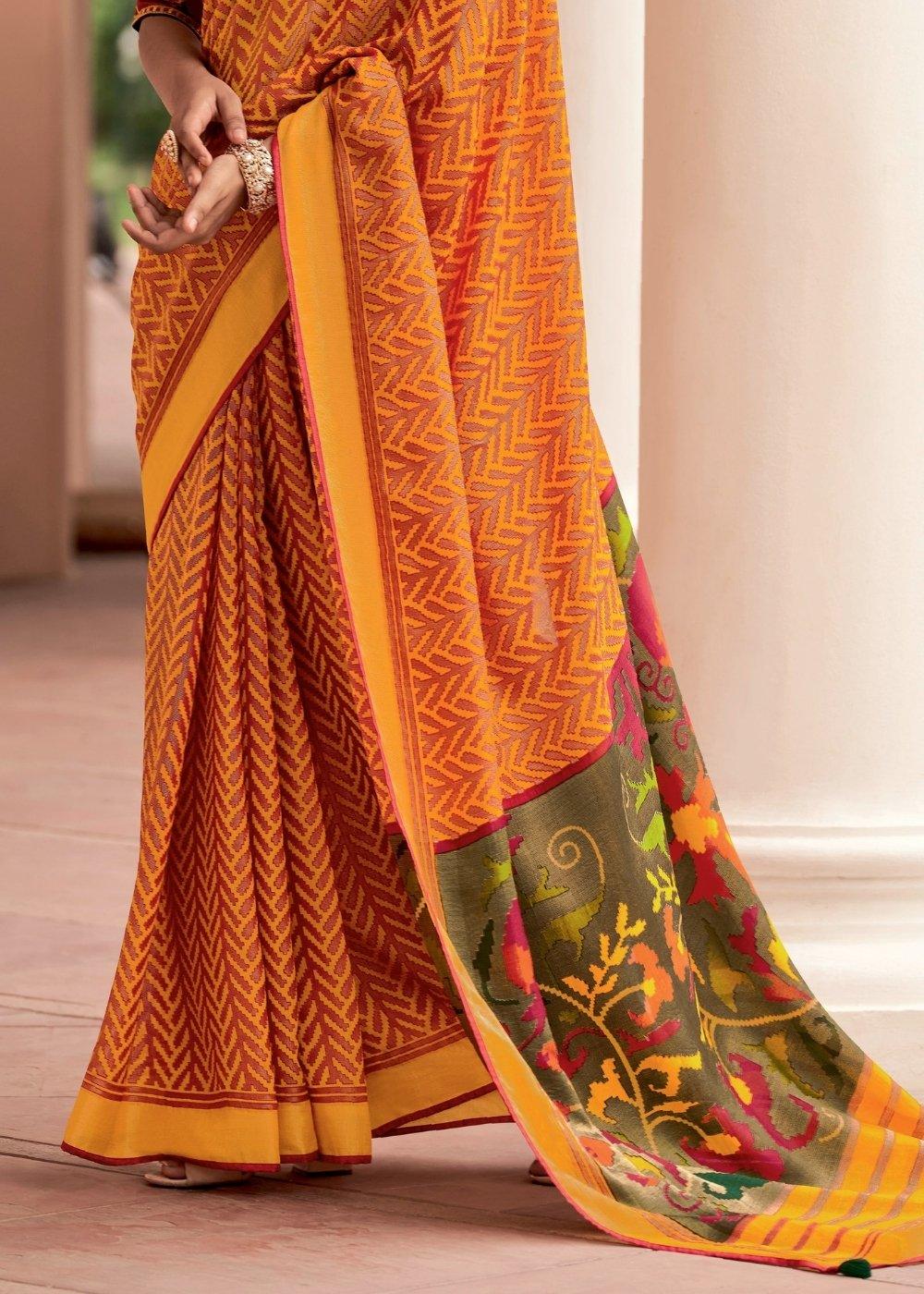 Merigold Orange Soft Silk Saree with Embroidered Blouse | Stitched Blouse - qivii