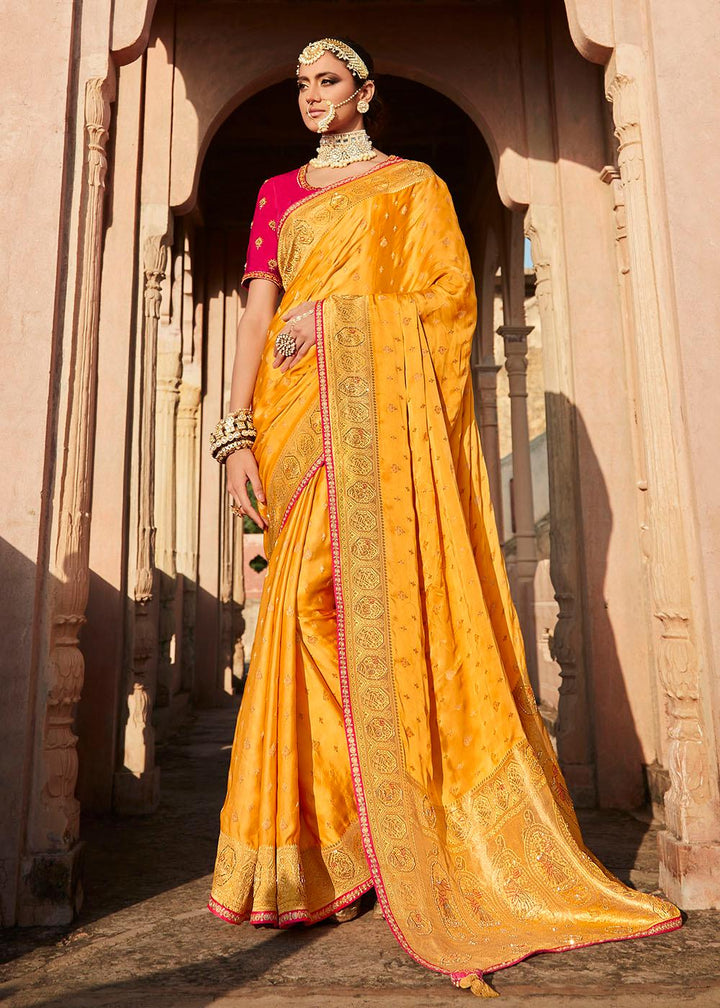 Merigold Orange Woven Banarasi Silk Saree with Embroidered Blouse | Stitched Blouse - qivii