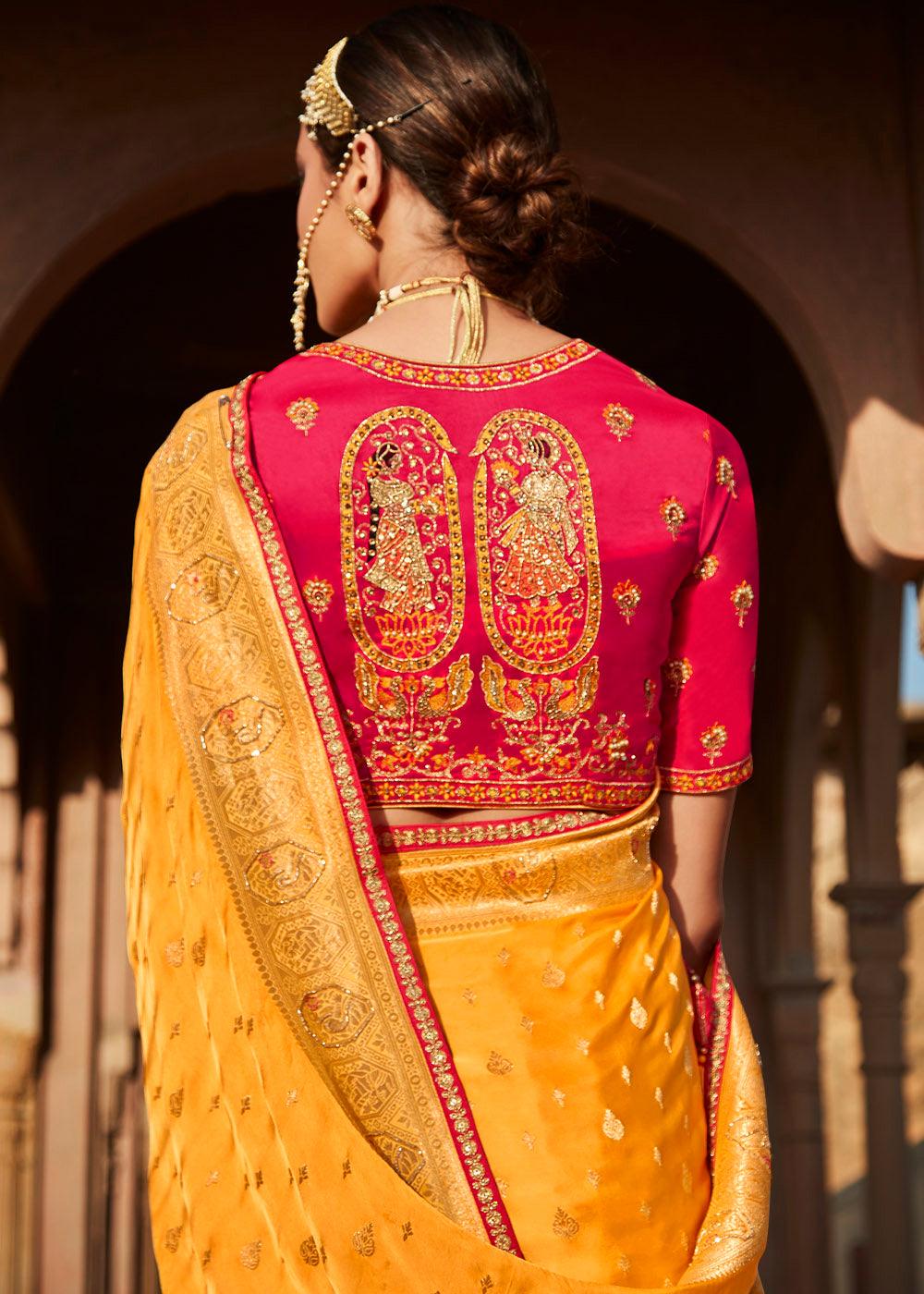 Merigold Orange Woven Banarasi Silk Saree with Embroidered Blouse | Stitched Blouse - qivii