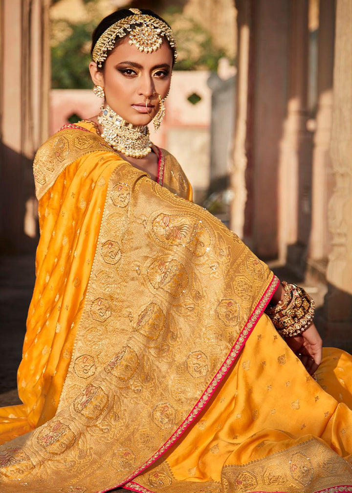 Merigold Orange Woven Banarasi Silk Saree with Embroidered Blouse | Stitched Blouse - qivii