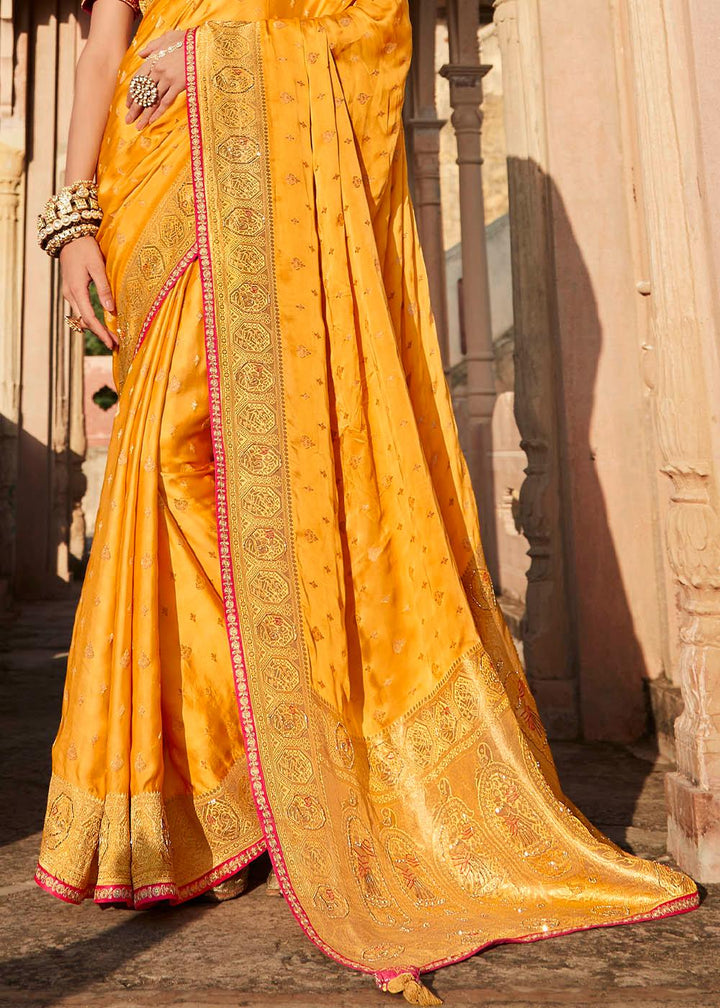 Merigold Orange Woven Banarasi Silk Saree with Embroidered Blouse | Stitched Blouse - qivii