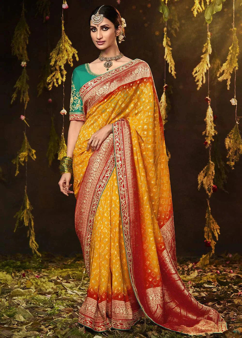 Merigold Orange Zari Weaving Georgette Silk Saree with Embroidery Designer Blouse | Stitched Blouse - qivii