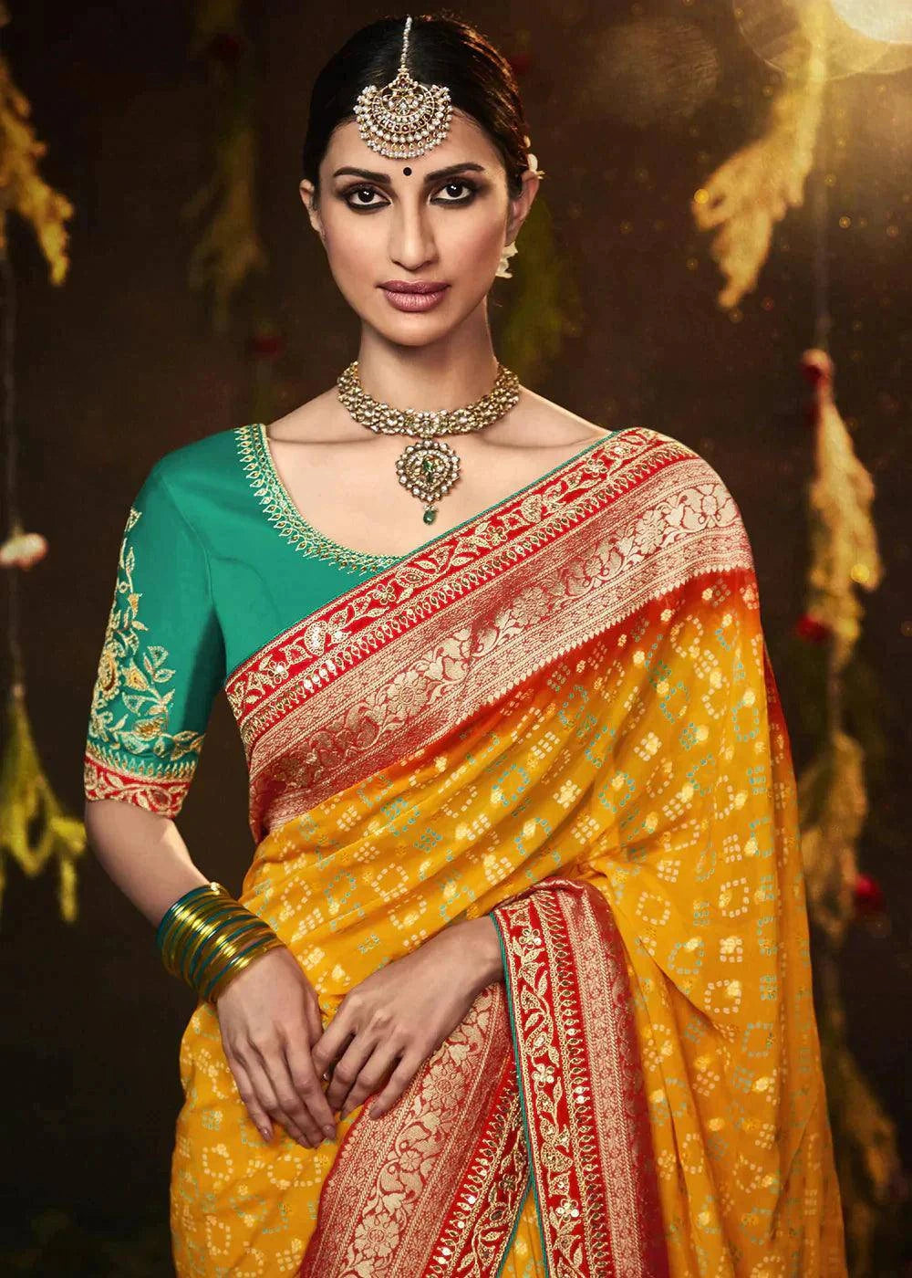 Merigold Orange Zari Weaving Georgette Silk Saree with Embroidery Designer Blouse | Stitched Blouse - qivii