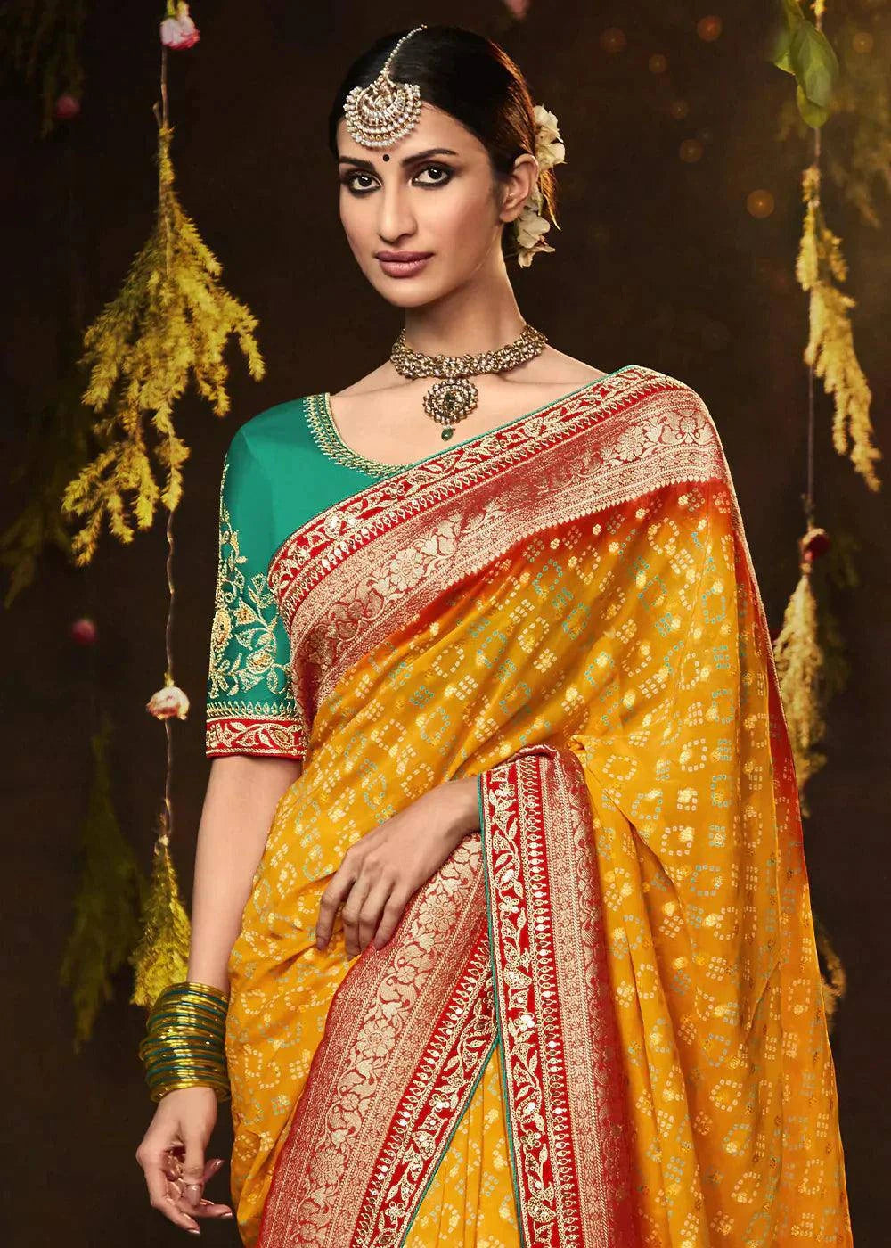 Merigold Orange Zari Weaving Georgette Silk Saree with Embroidery Designer Blouse | Stitched Blouse - qivii