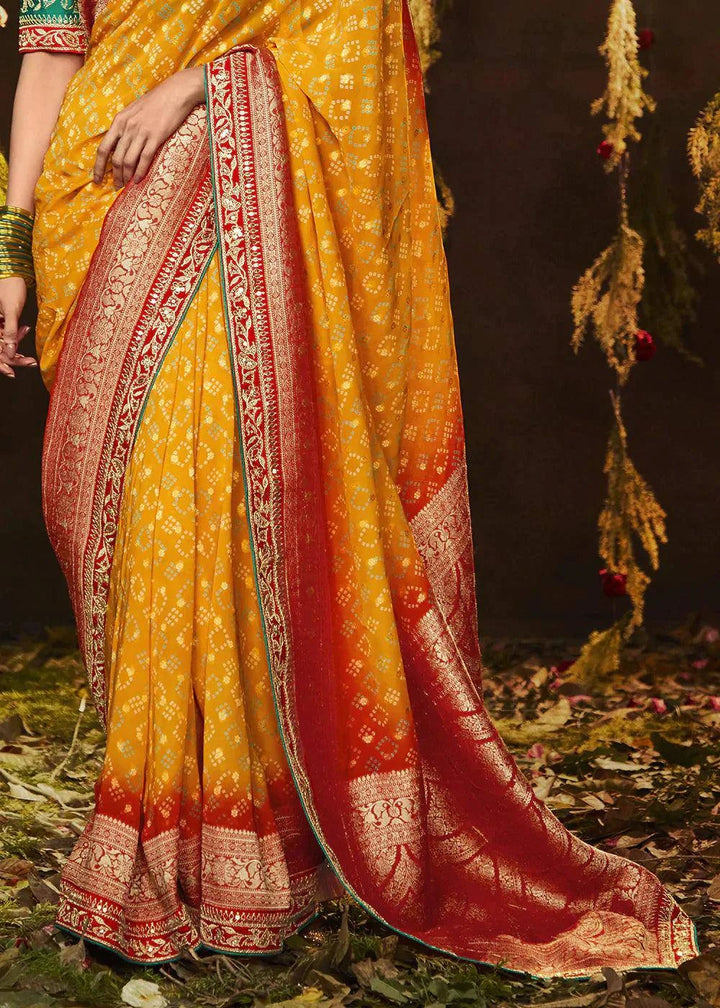 Merigold Orange Zari Weaving Georgette Silk Saree with Embroidery Designer Blouse | Stitched Blouse - qivii