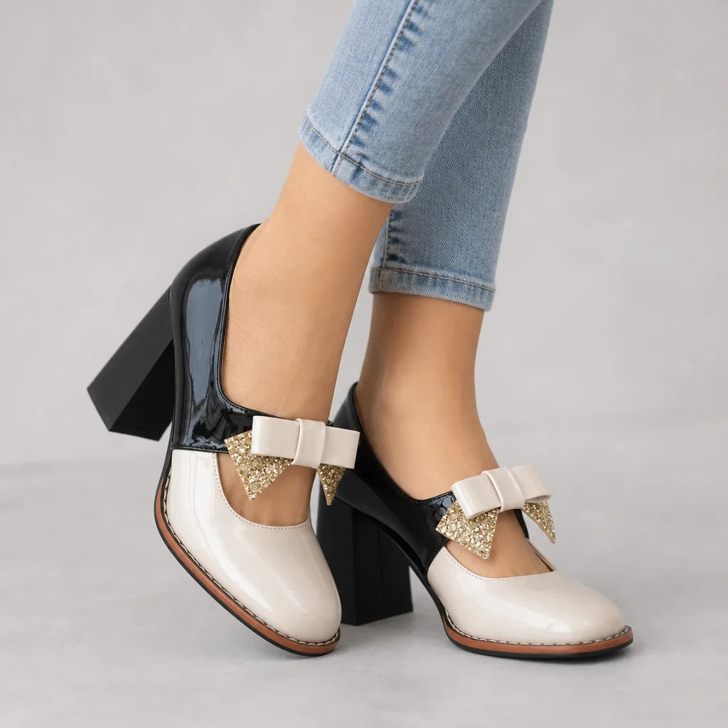Beige women's Christmas Mary Jane heels by Hudson Ridge, featuring a classic strap and festive holiday style.