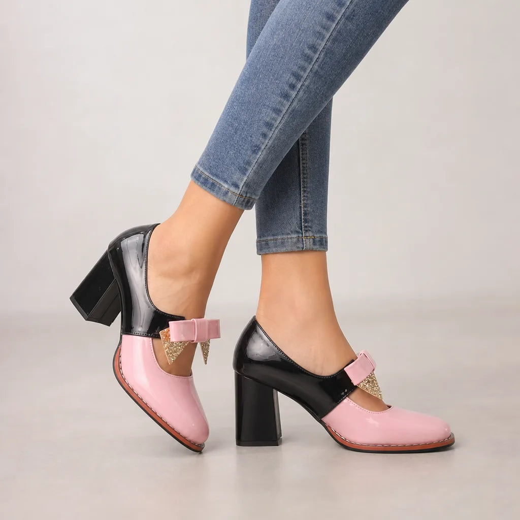 Pink women's Christmas Mary Jane heels by Hudson Ridge, stylish footwear with festive design and comfortable fit.