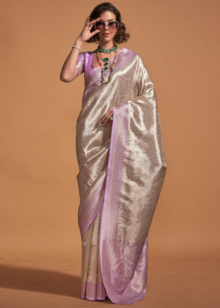 Metallic Brown & Purple Handloom Woven Kanjivaram Silk Saree - qivii