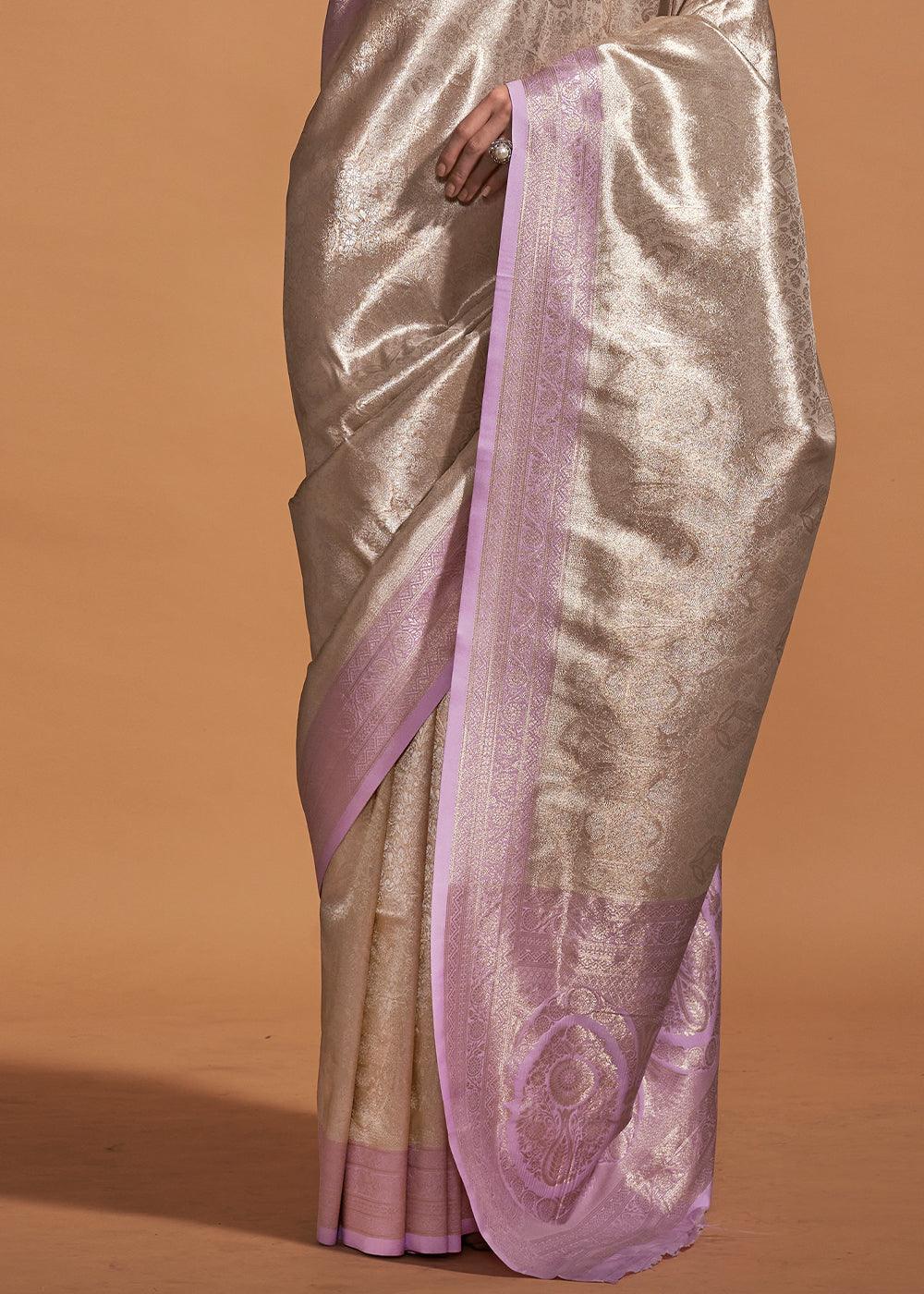 Metallic Brown & Purple Handloom Woven Kanjivaram Silk Saree - qivii