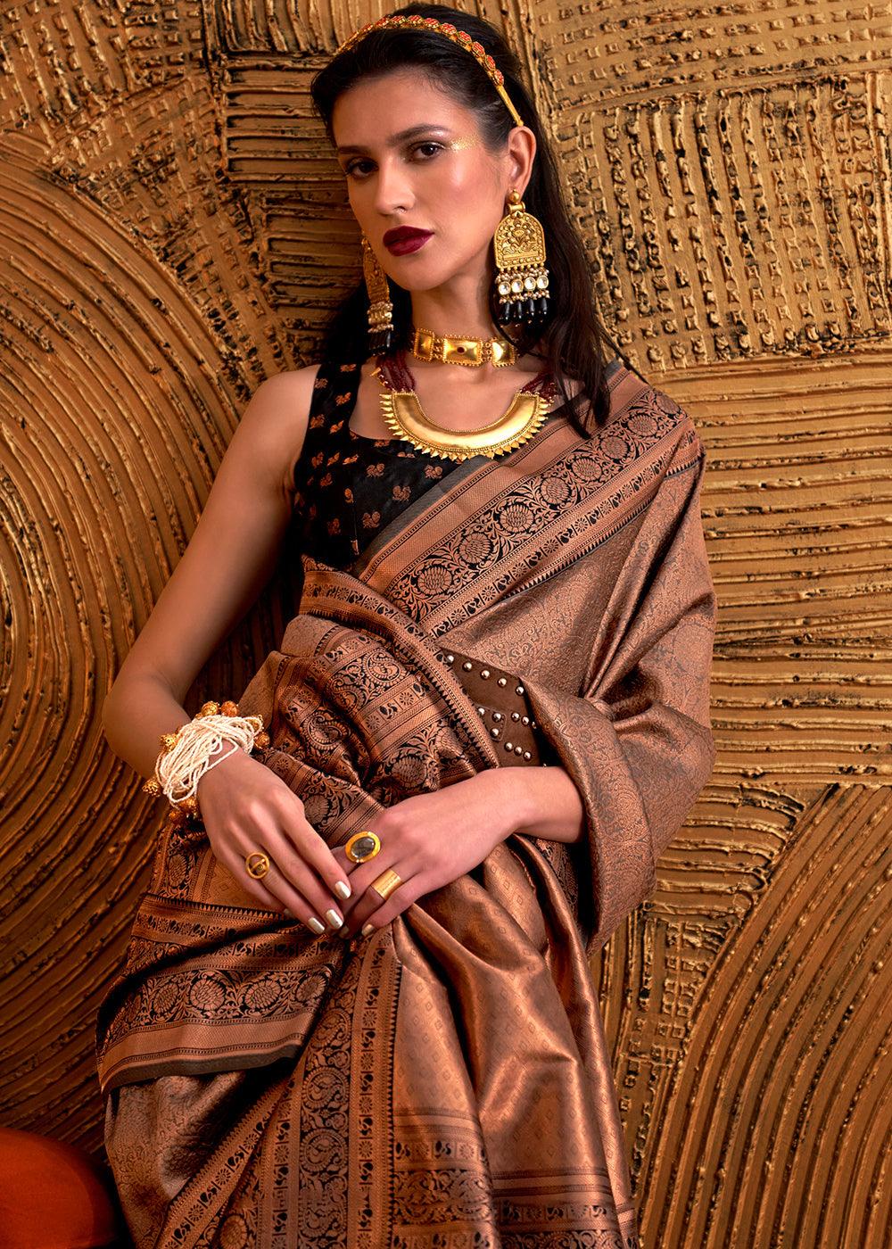 Metallic Brown Handloom Woven Designer Silk Saree - qivii