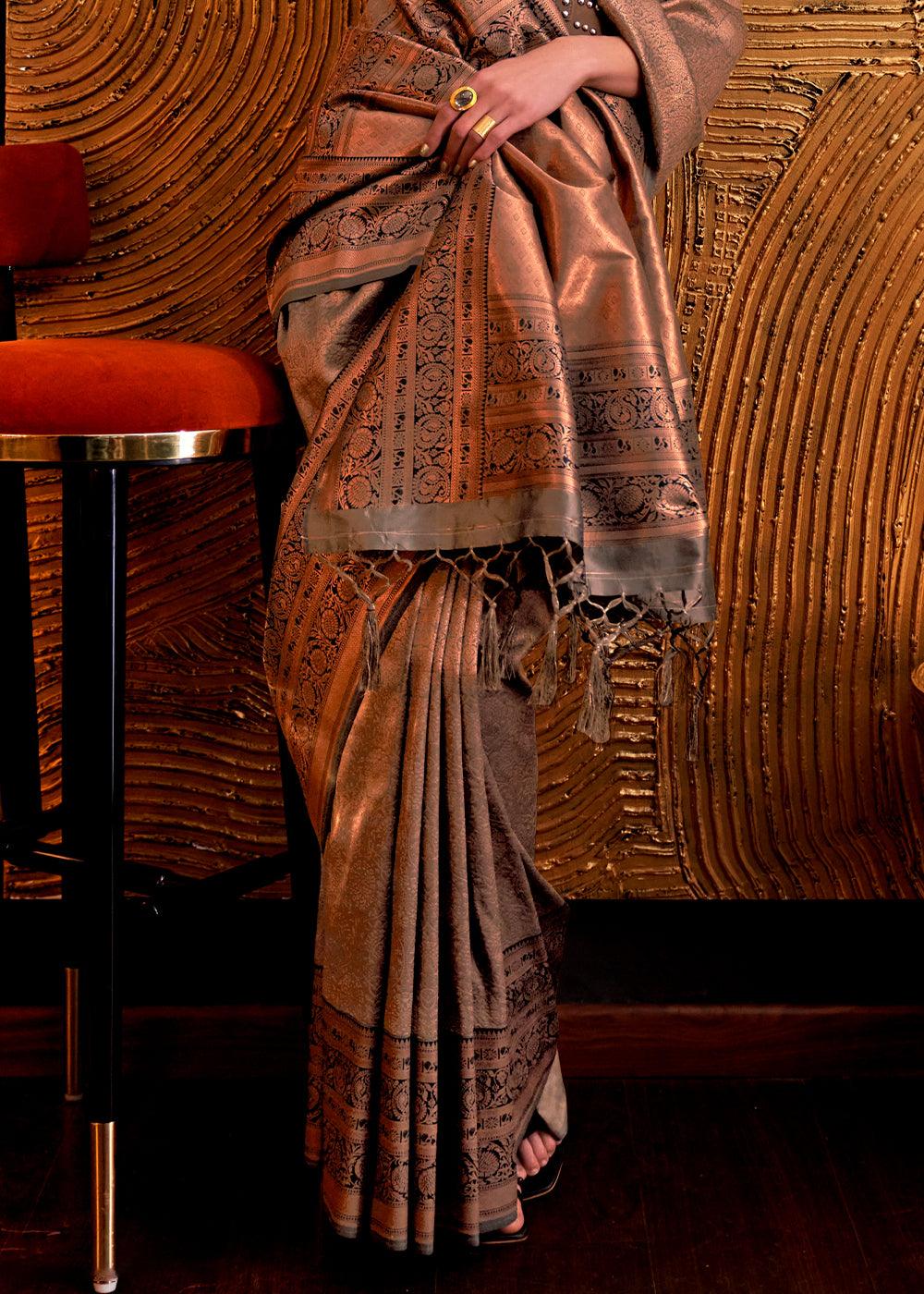 Metallic Brown Handloom Woven Designer Silk Saree - qivii