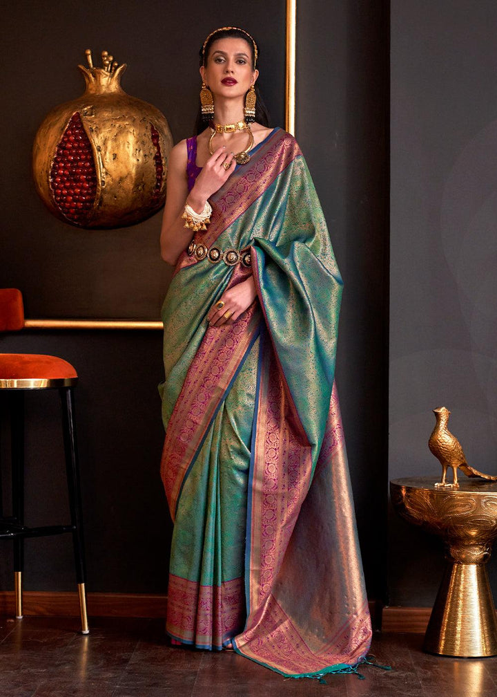 Metallic Green Handloom Woven Designer Silk Saree - qivii