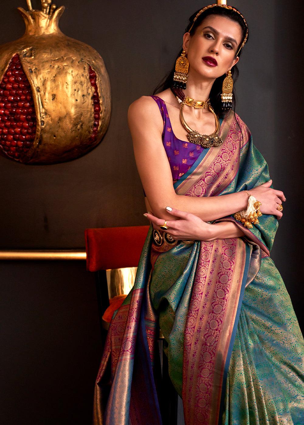 Metallic Green Handloom Woven Designer Silk Saree - qivii