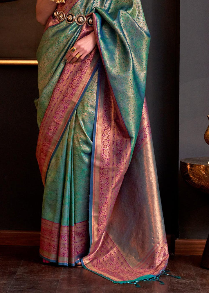 Metallic Green Handloom Woven Designer Silk Saree - qivii