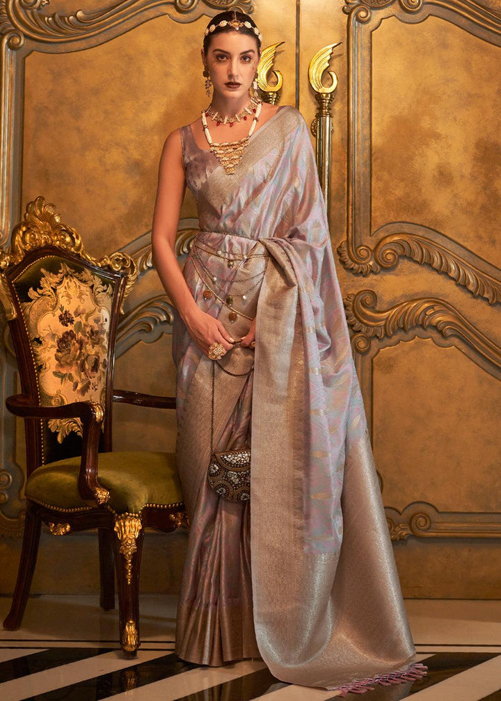 Metallic Grey Handloom Woven Satin Silk Saree - qivii