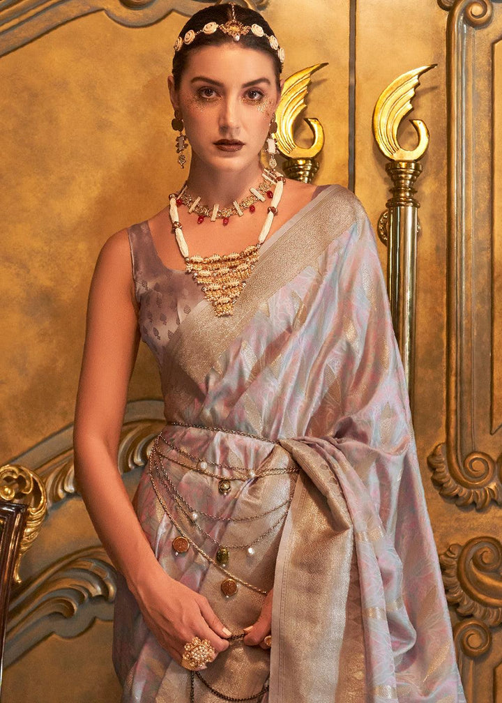 Metallic Grey Handloom Woven Satin Silk Saree - qivii