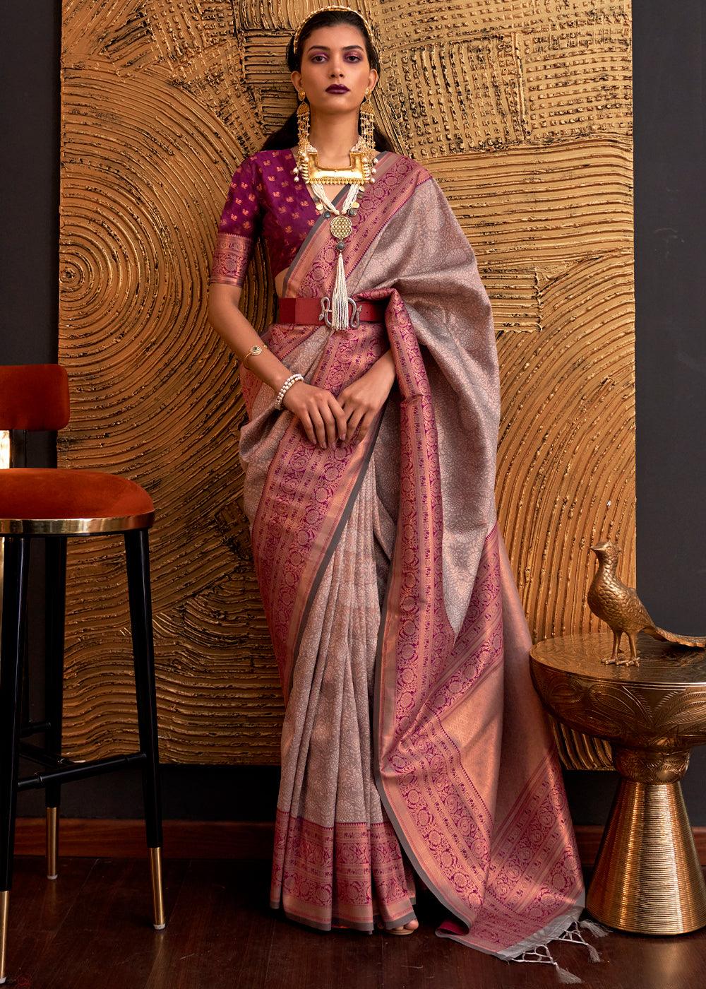 Metallic Mauve Handloom Woven Designer Silk Saree - qivii