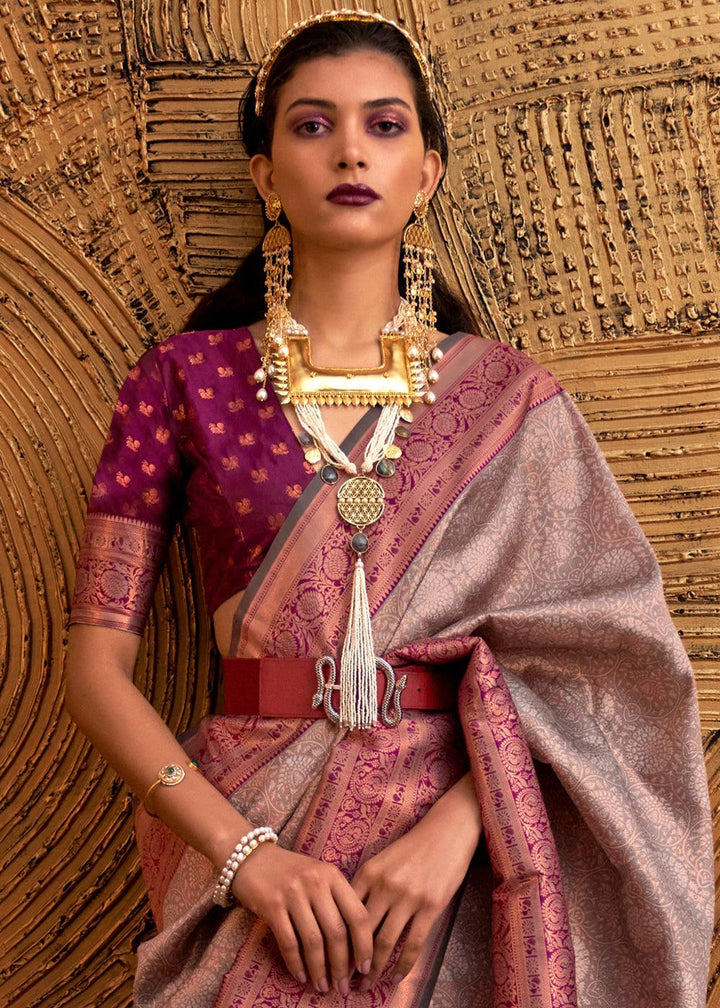 Metallic Mauve Handloom Woven Designer Silk Saree - qivii