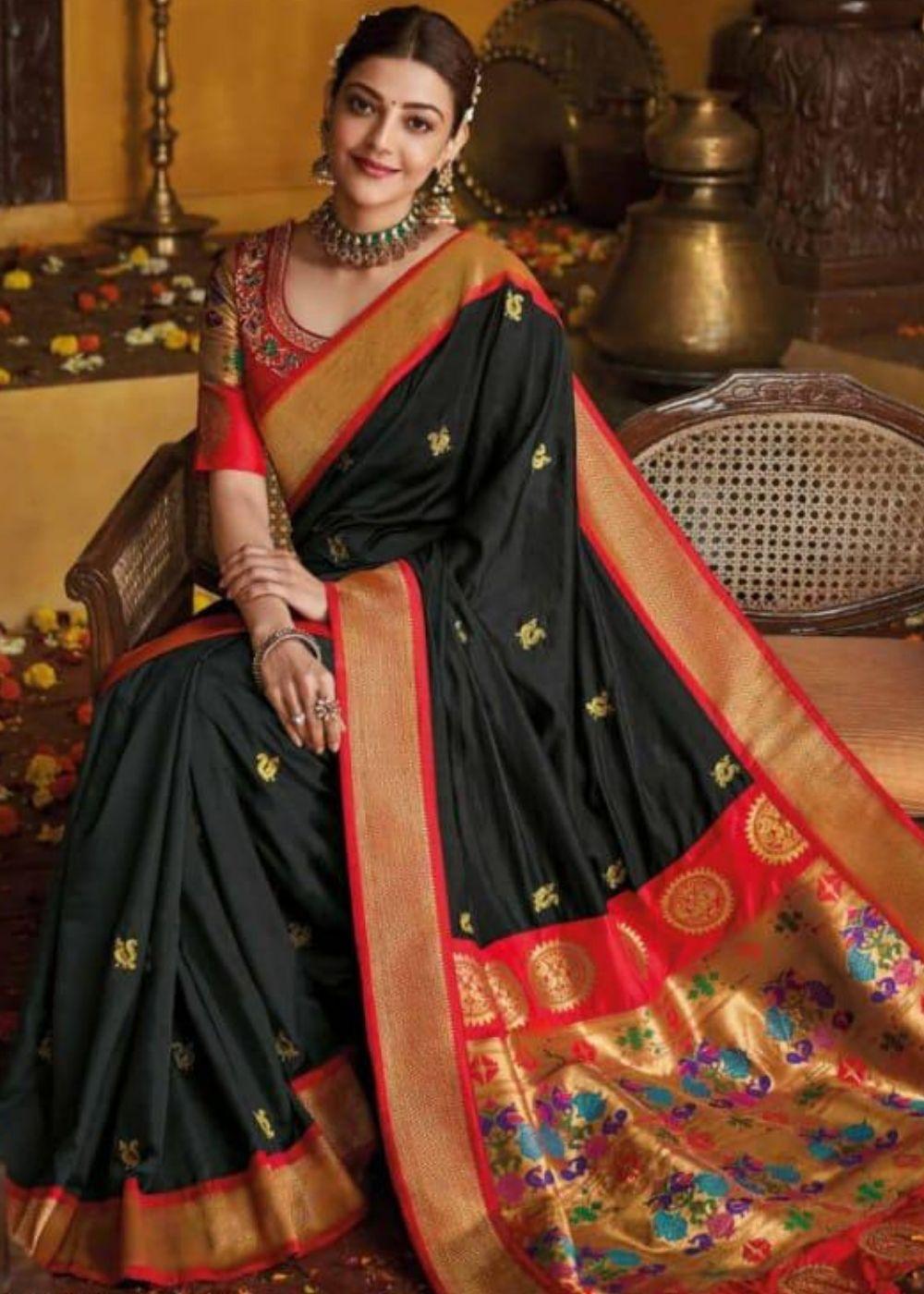 Midnight Black Gold Zari Woven Paithani Silk Saree with Designer Blouse | Stitched Blouse - qivii