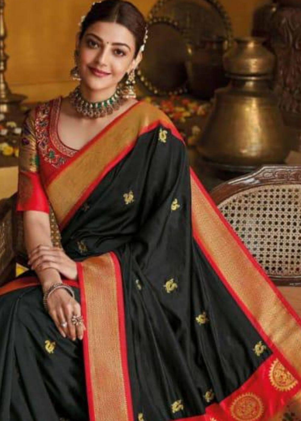 Midnight Black Gold Zari Woven Paithani Silk Saree with Designer Blouse | Stitched Blouse - qivii