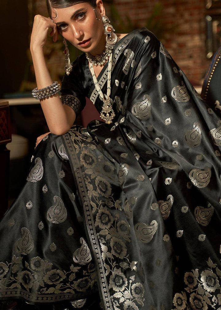 Midnight Black Handloom Woven Satin Silk Saree | Stitched Blouse - qivii