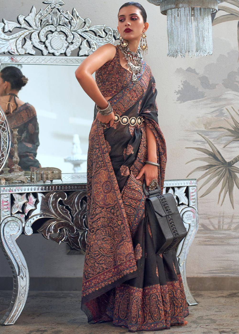 Midnight Black Kashmiri Handloom Weaving Silk Saree | Stitched Blouse - qivii