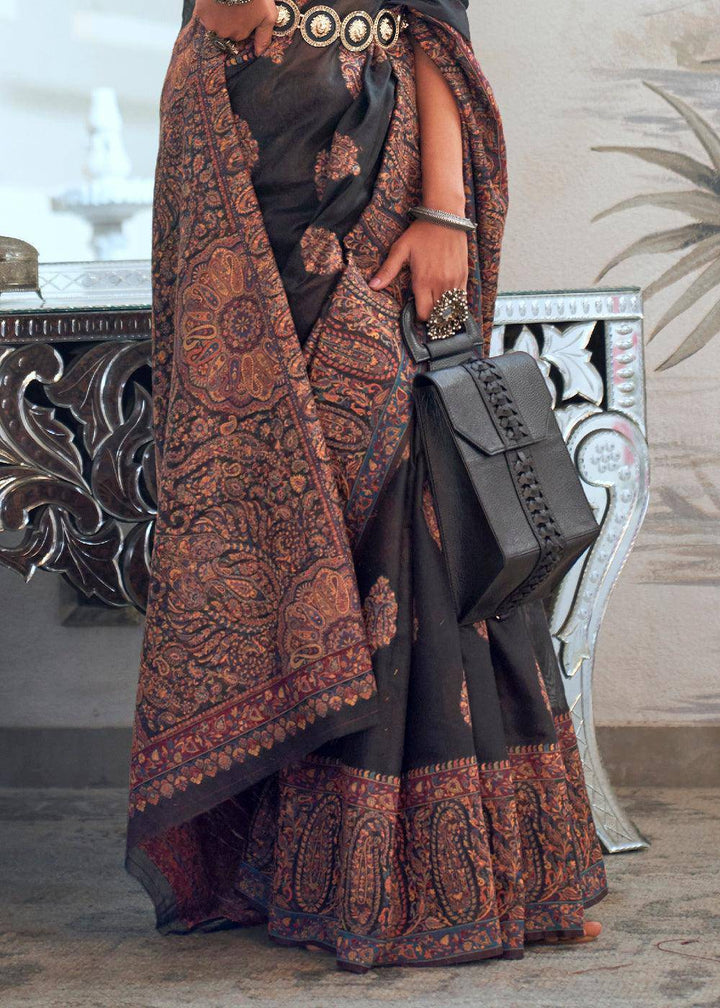 Midnight Black Kashmiri Handloom Weaving Silk Saree | Stitched Blouse - qivii