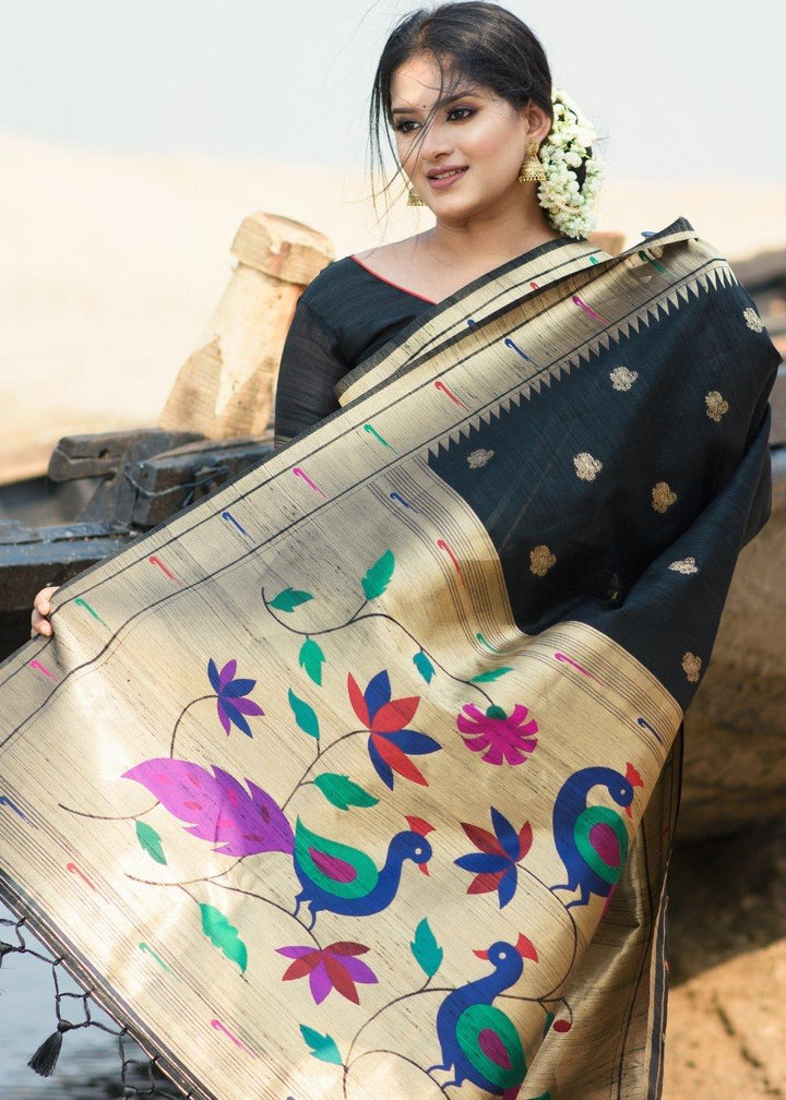 Midnight Black Paithani Tussar Silk Saree with Jacquard Weaving Butta overall | Stitched Blouse - qivii