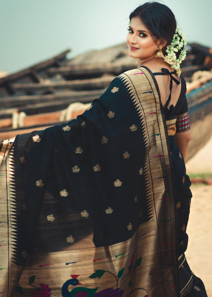 Midnight Black Paithani Tussar Silk Saree with Jacquard Weaving Butta overall | Stitched Blouse - qivii