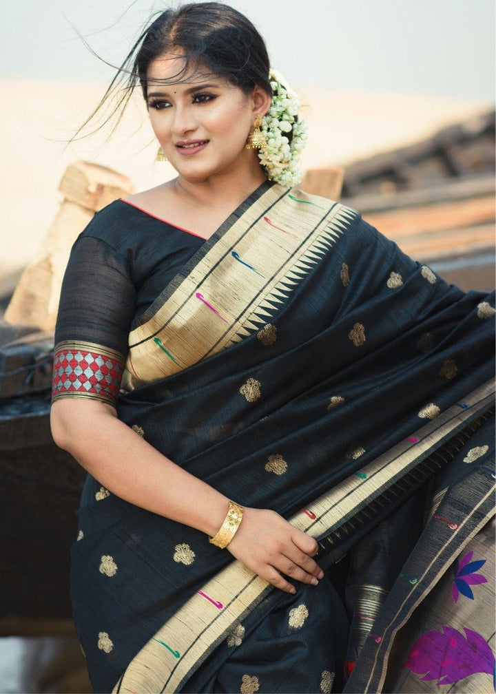 Midnight Black Paithani Tussar Silk Saree with Jacquard Weaving Butta overall | Stitched Blouse - qivii