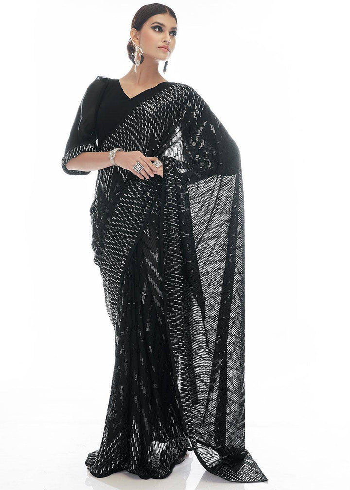 Midnight Black Sequins & Thread Embroidered Designer Georgette Saree | Stitched Blouse - qivii