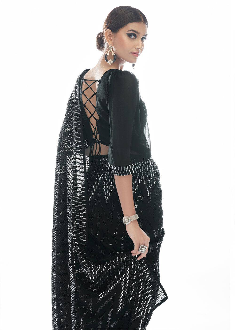 Midnight Black Sequins & Thread Embroidered Designer Georgette Saree | Stitched Blouse - qivii