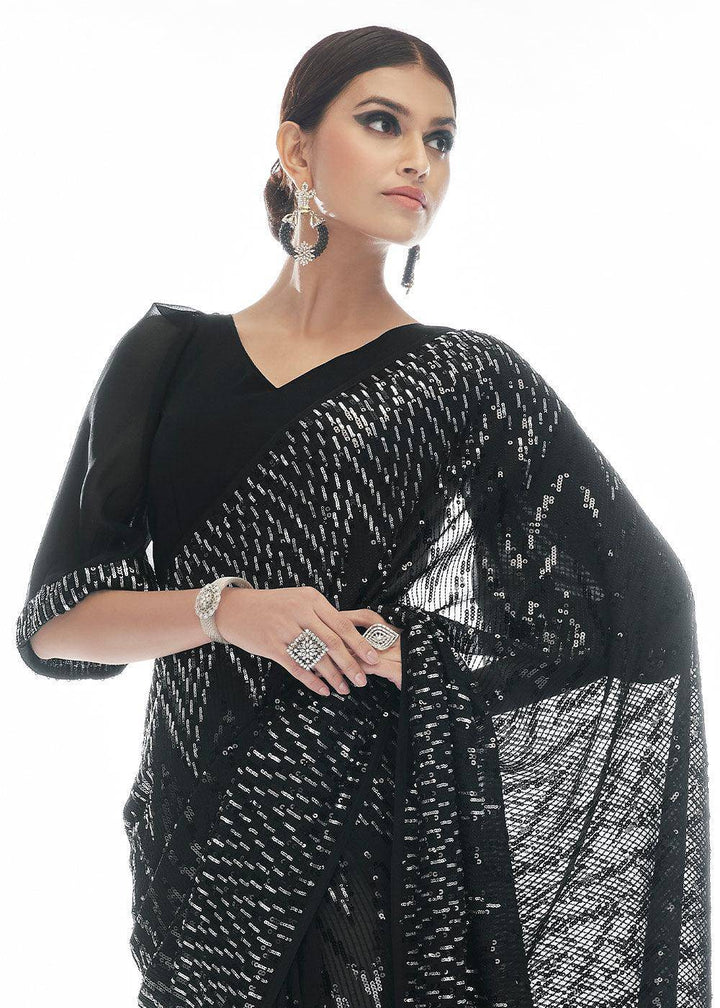 Midnight Black Sequins & Thread Embroidered Designer Georgette Saree | Stitched Blouse - qivii