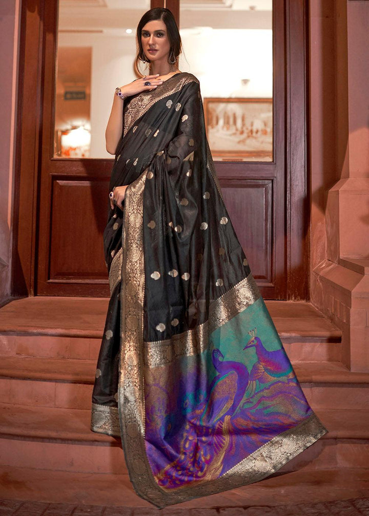 Midnight Black Woven Chanderi Banarasi Fusion Silk Saree | Stitched Blouse - qivii