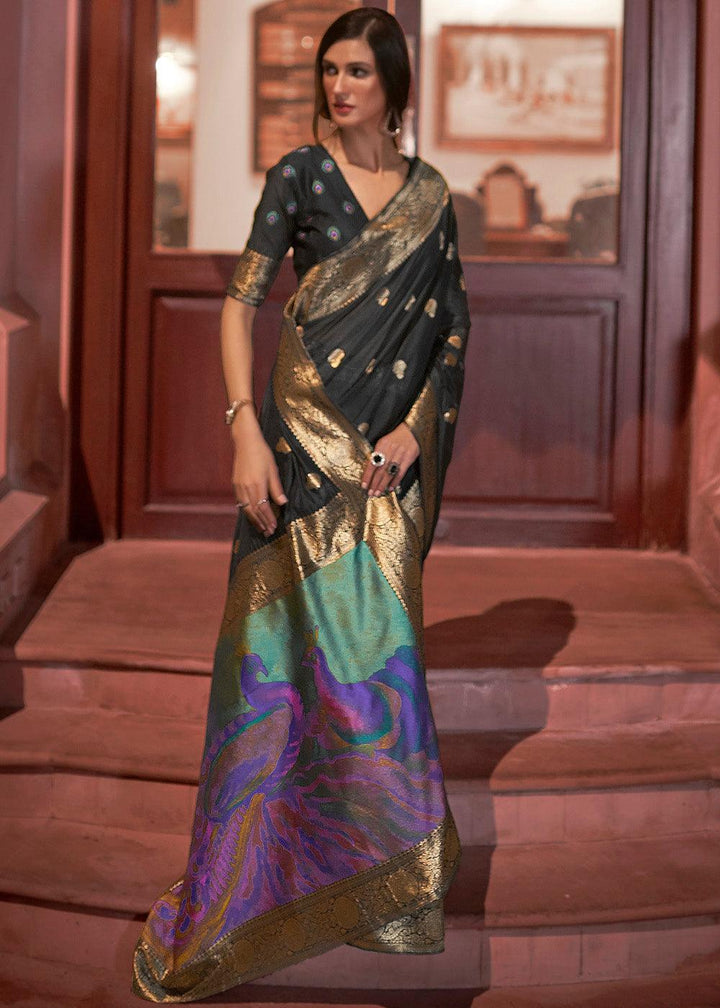 Midnight Black Woven Chanderi Banarasi Fusion Silk Saree | Stitched Blouse - qivii