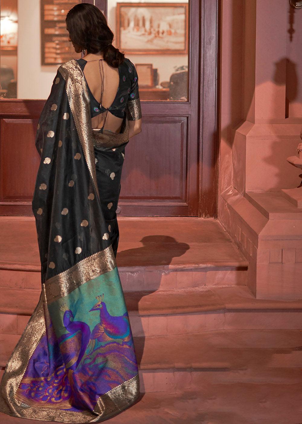 Midnight Black Woven Chanderi Banarasi Fusion Silk Saree | Stitched Blouse - qivii