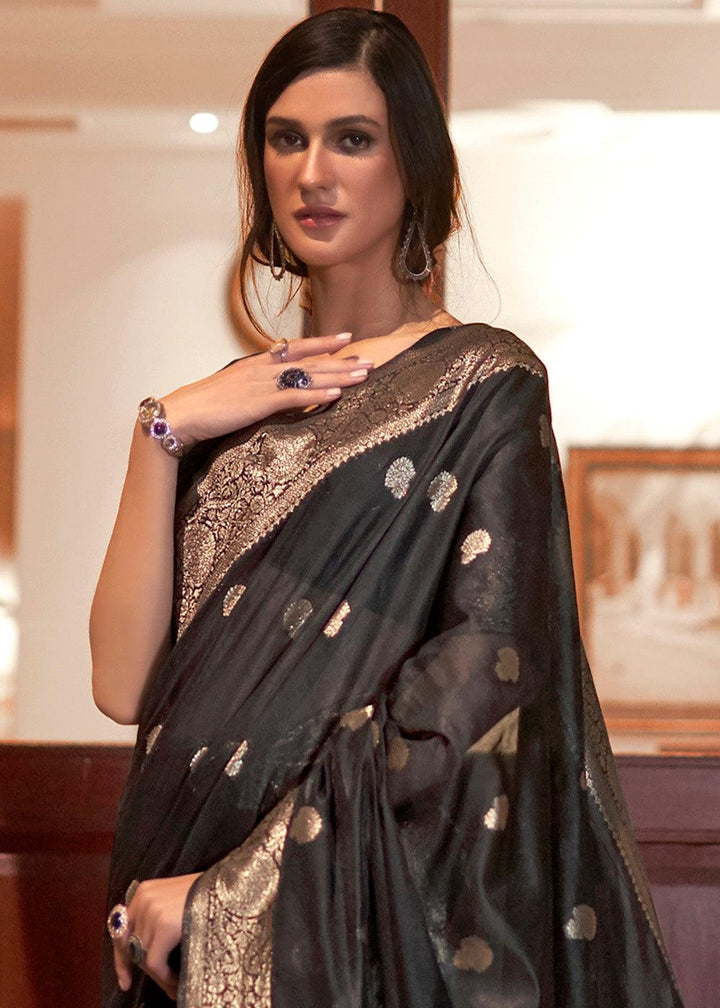 Midnight Black Woven Chanderi Banarasi Fusion Silk Saree | Stitched Blouse - qivii