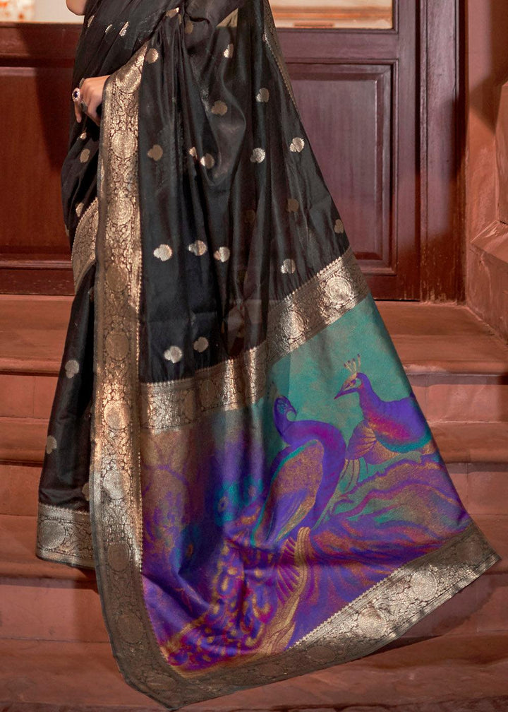 Midnight Black Woven Chanderi Banarasi Fusion Silk Saree | Stitched Blouse - qivii