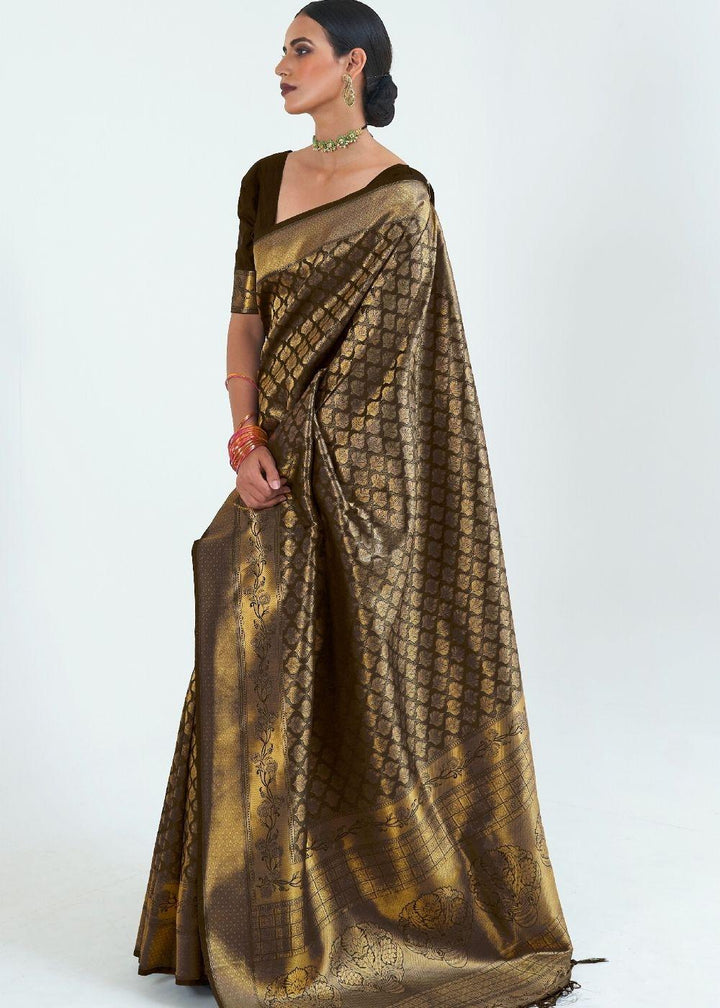 Midnight Black Woven Kanjivaram Silk Saree : Limited Edition | Stitched Blouse - qivii