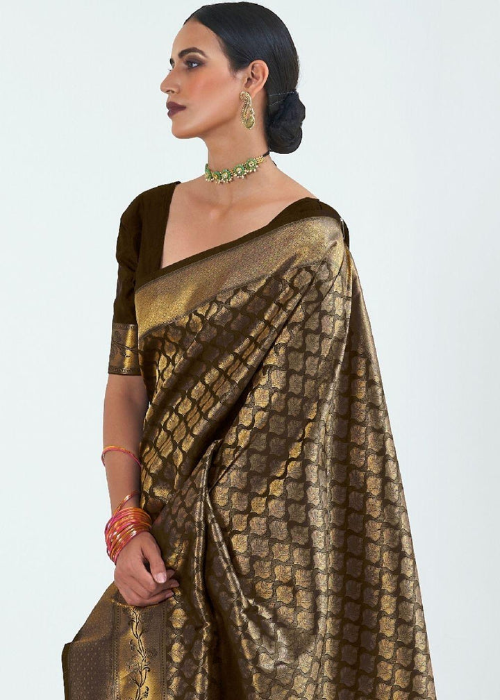 Midnight Black Woven Kanjivaram Silk Saree : Limited Edition | Stitched Blouse - qivii